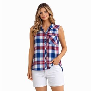 NWT Passport Red White Blue Plaid Sleeveless Top